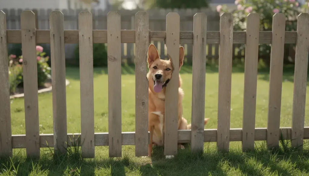 A cheerful dog sits safely behind a classic timber paling fence in a suburban backyard, showcasing the effectiveness of residential fencing solutions. The fence provides a secure environment, highlighting the importance of quality fencing installation for pet safety in lower Hutt.